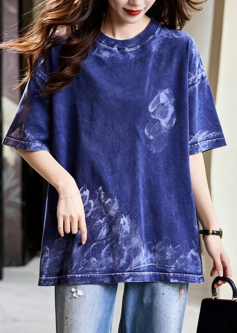 Casual Navy O-Neck Wash Print Cotton Top Half Sleeve