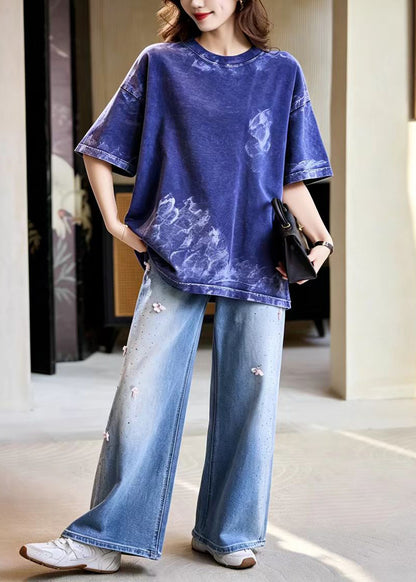 Casual Navy O-Neck Wash Print Cotton Top Half Sleeve
