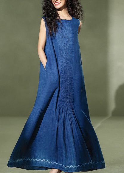 Casual Navy Oversized Wrinkled Linen Maxi Dress Sleeveless