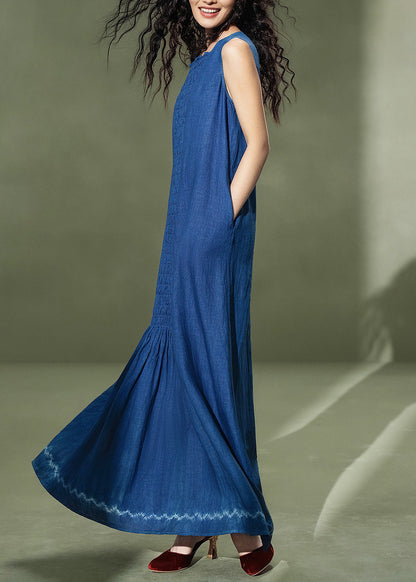Casual Navy Oversized Wrinkled Linen Maxi Dress Sleeveless