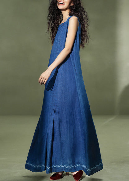 Casual Navy Oversized Wrinkled Linen Maxi Dress Sleeveless