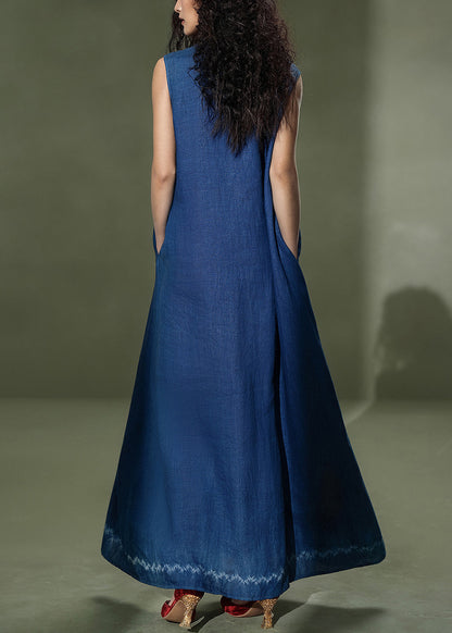 Casual Navy Oversized Wrinkled Linen Maxi Dress Sleeveless