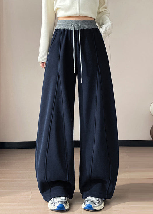Casual Navy Patchwork Warm Fleece Wide Leg Pants Oversized Winter