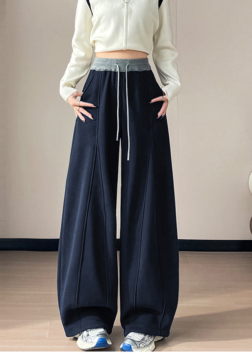 Casual Navy Patchwork Warm Fleece Wide Leg Pants Oversized Winter