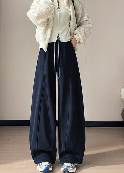 Casual Navy Patchwork Warm Fleece Wide Leg Pants Oversized Winter