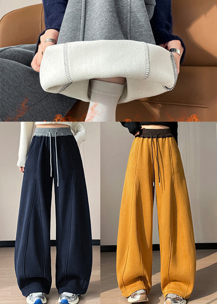 Casual Navy Patchwork Warm Fleece Wide Leg Pants Oversized Winter