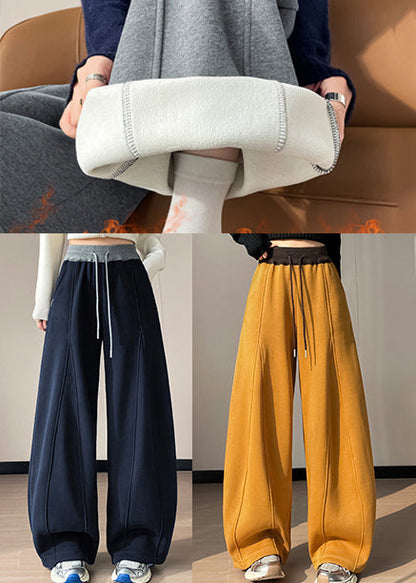 Casual Navy Patchwork Warm Fleece Wide Leg Pants Oversized Winter