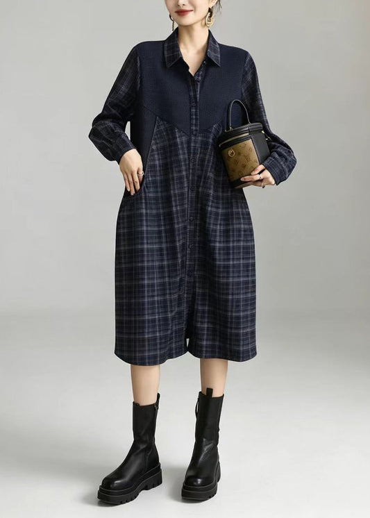 Casual Navy Plaid Turn-Down Collar Patchwork Fake Two Piece Shirts Dress Fall