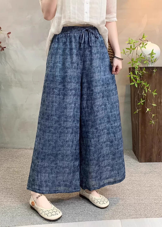 Casual Navy Pockets Tie Dye Elastic Waist Linen Pants Summer