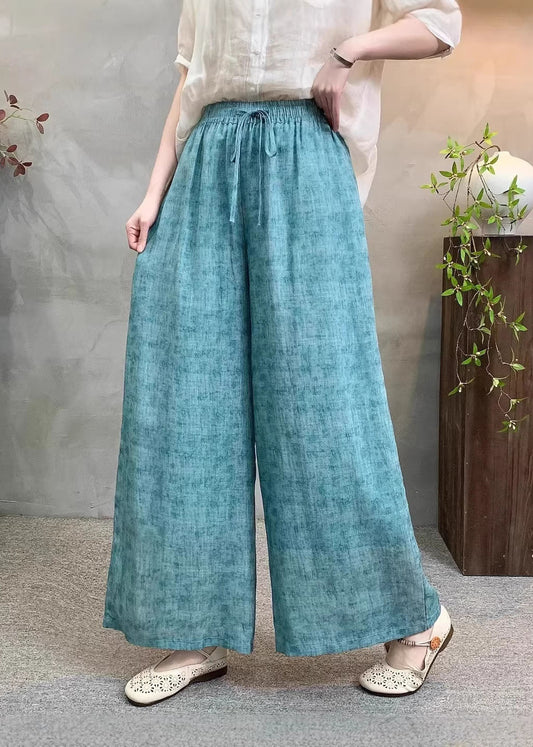 Casual Navy Pockets Tie Dye Elastic Waist Linen Pants Summer