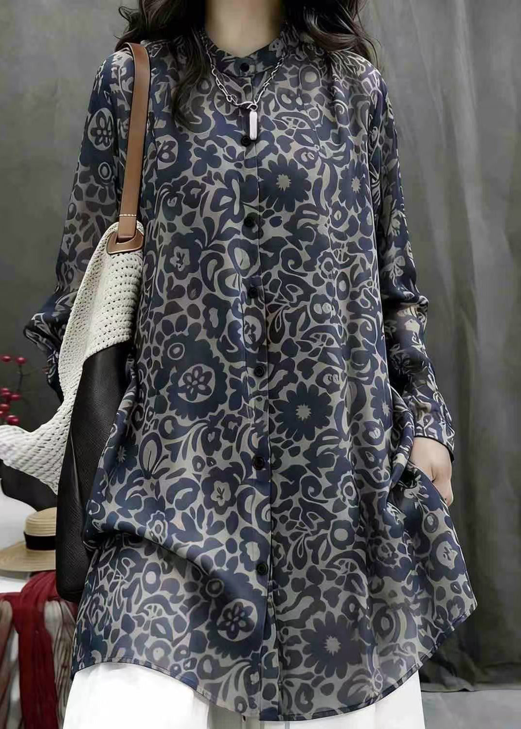 Casual Navy Print Stand Collar Chiffon Long Shirt Top Fall