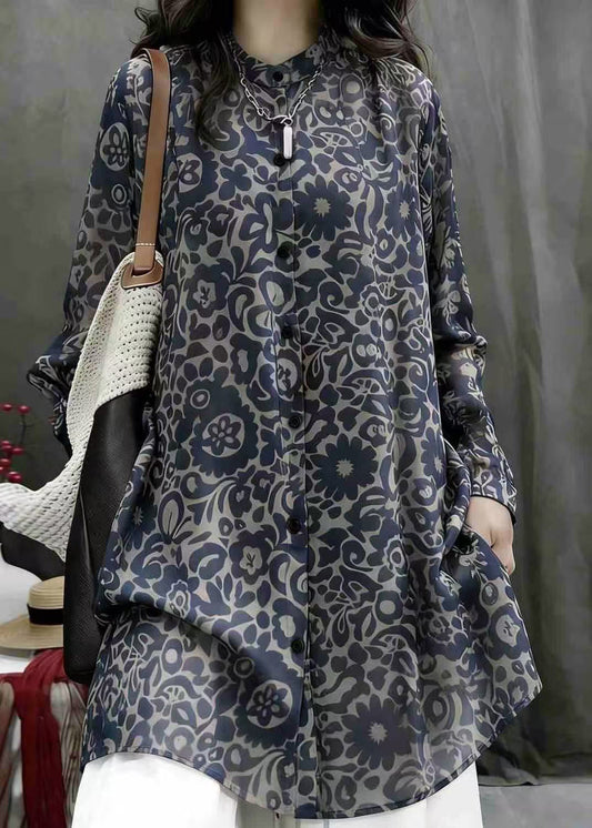 Casual Navy Print Stand Collar Chiffon Long Shirt Top Fall