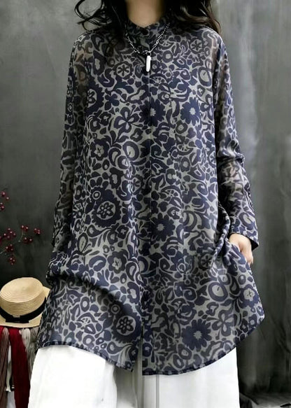 Casual Navy Print Stand Collar Chiffon Long Shirt Top Fall