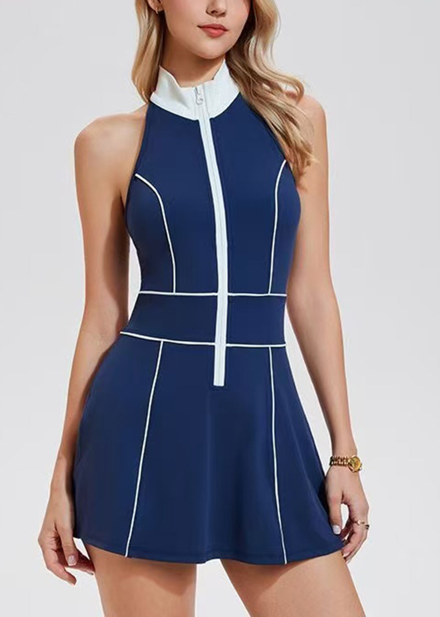 Casual Navy Stand Collar Half-Zip Built-In Shorts Sleeveless Tennis Dress