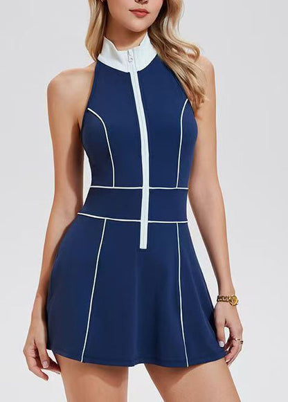Casual Navy Stand Collar Half-Zip Built-In Shorts Sleeveless Tennis Dress