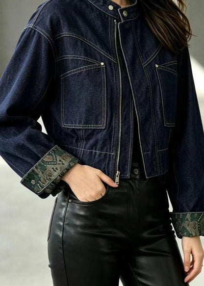 Casual Navy Stand Collar Pockets Denim Jacket Fall