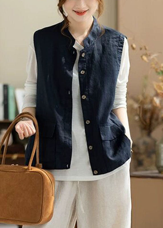 Casual Navy Stand Collar Waistcoat Sleeveless