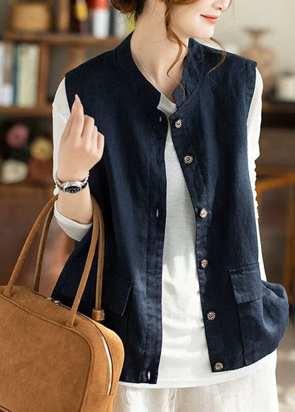Casual Navy Stand Collar Waistcoat Sleeveless