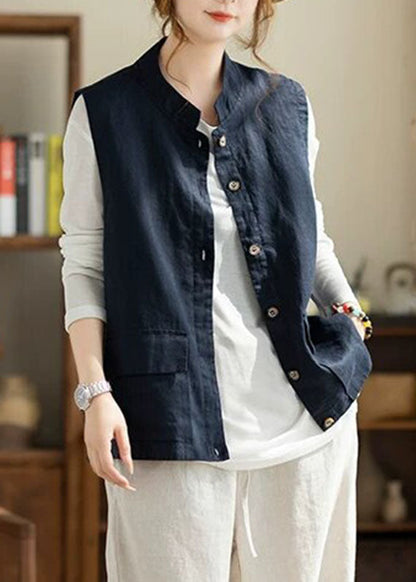 Casual Navy Stand Collar Waistcoat Sleeveless