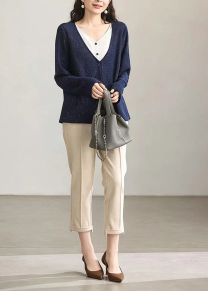 Casual Navy V Neck Sequins Fake Two Piece Knit Cardigan Fall