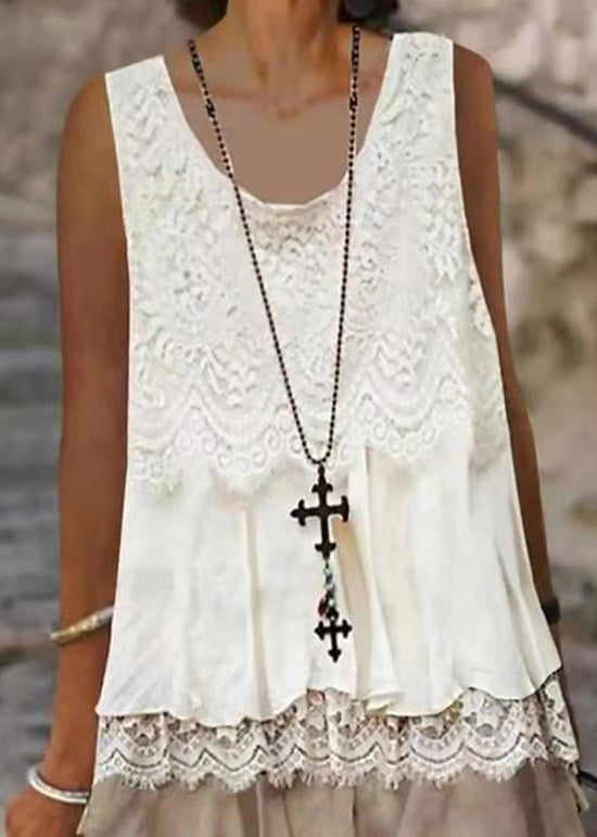 Casual O Neck Lace Patchwork Cotton Mid Dresses Sleeveless