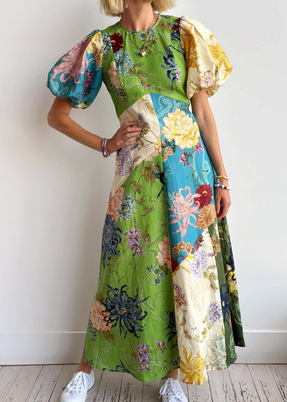 Casual O Neck Print Cotton Long Dress Lantern Sleeve