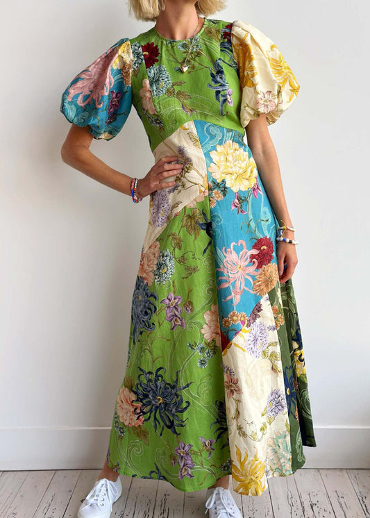 Casual O Neck Print Cotton Long Dress Lantern Sleeve