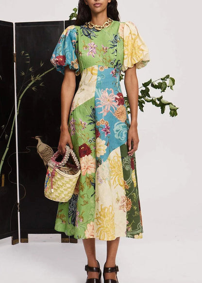 Casual O Neck Print Cotton Long Dress Lantern Sleeve