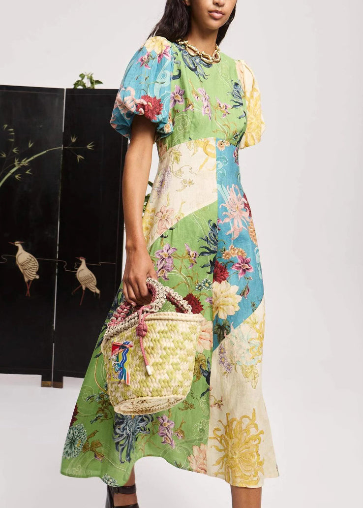 Casual O Neck Print Cotton Long Dress Lantern Sleeve
