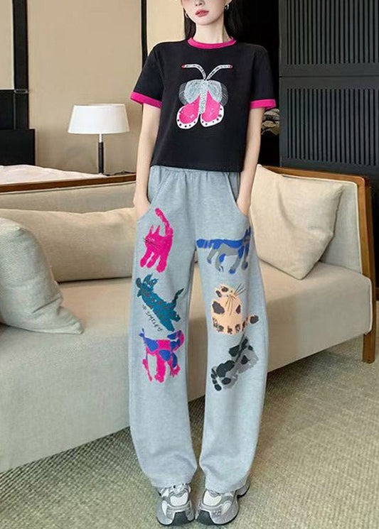 Casual O-Neck Print Patchwork Top Jeans And Two Pieces Set Summer