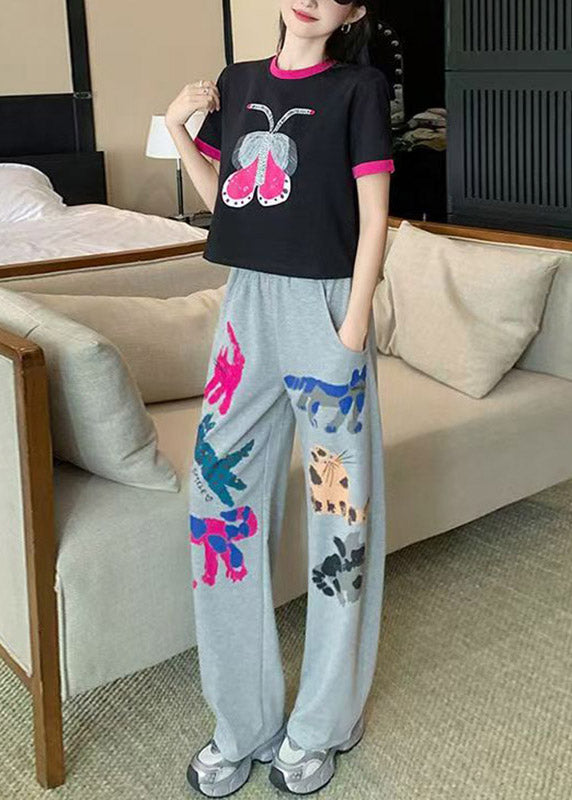 Casual O-Neck Print Patchwork Top Jeans And Two Pieces Set Summer
