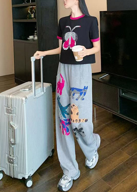 Casual O-Neck Print Patchwork Top Jeans And Two Pieces Set Summer