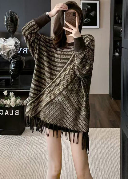 Casual O Neck Tassel Patchwork Knit Sweaters Winter
