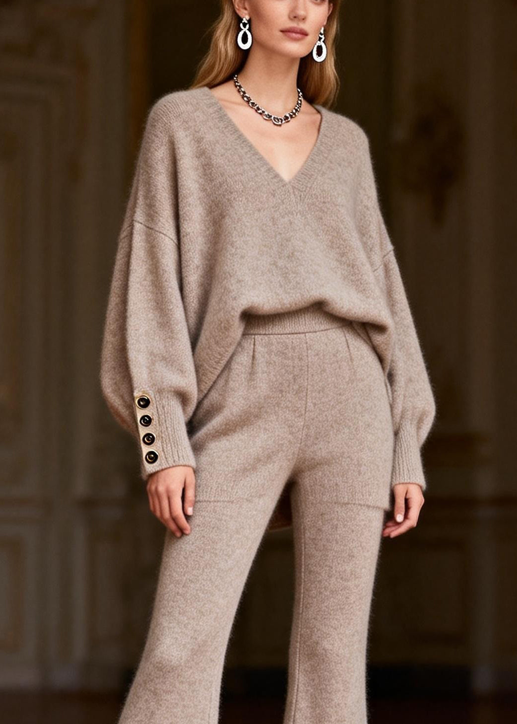 Casual Oat Color V Neck Patchwork Cotton Knit Two Pieces Set Lantern Sleeve