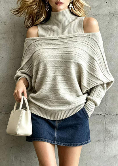 Casual Oatmeal Turtleneck Knit Vest And Sweater Two Pieces Set Fall