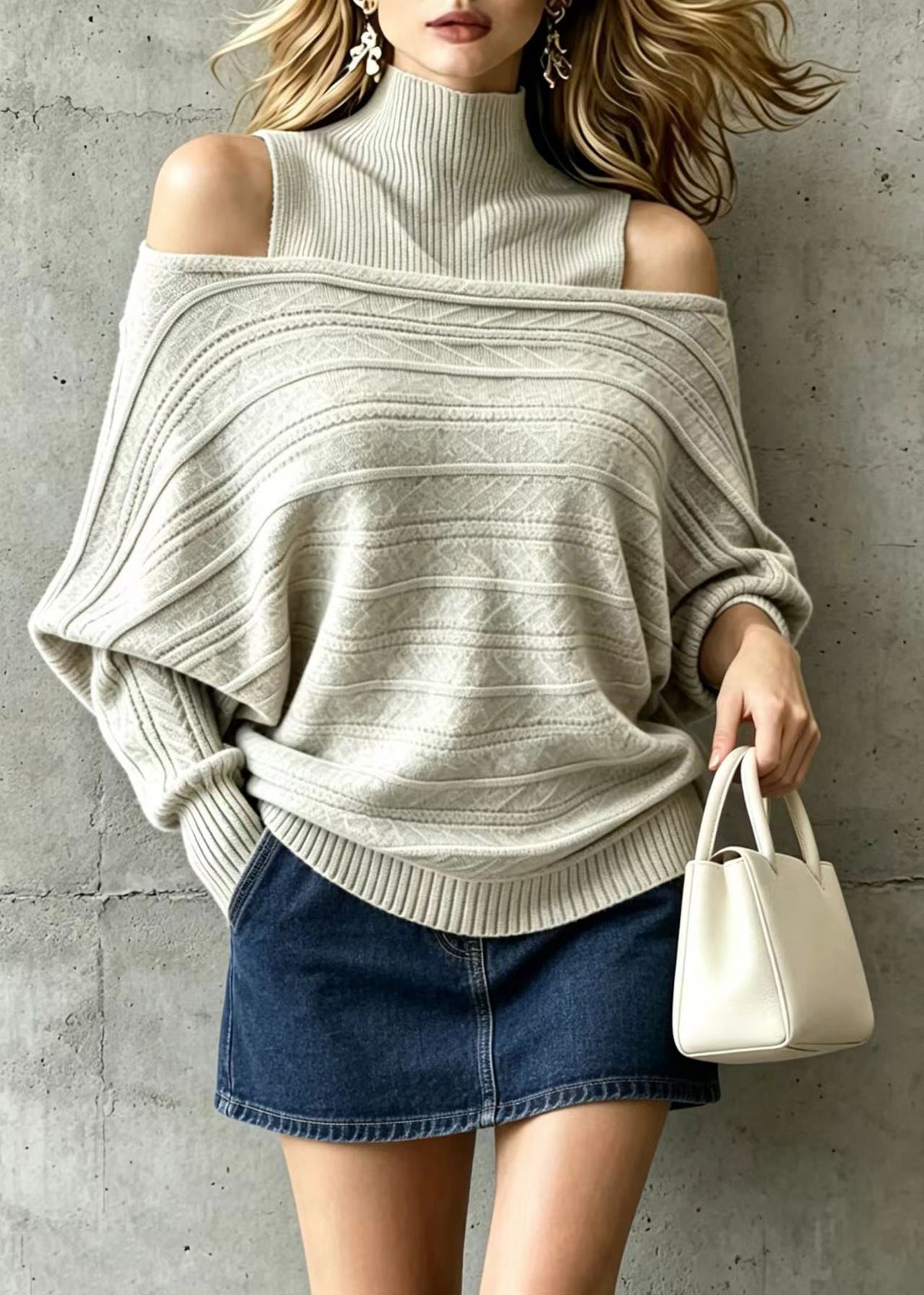 Casual Oatmeal Turtleneck Knit Vest And Sweater Two Pieces Set Fall