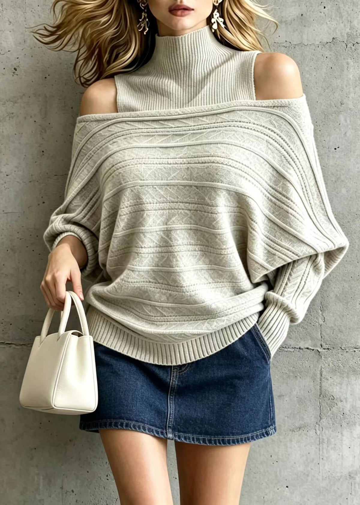 Casual Oatmeal Turtleneck Knit Vest And Sweater Two Pieces Set Fall