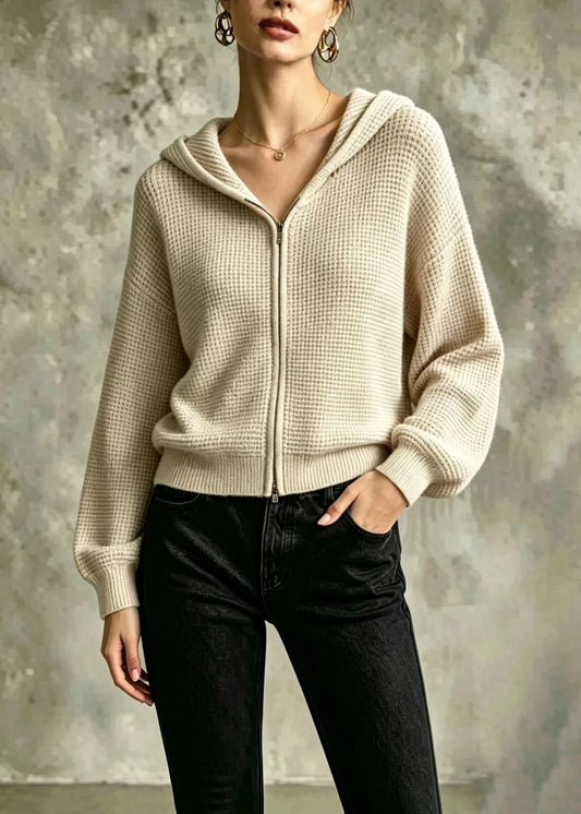 Casual Oatmeal Waffle Hooded Double Zip Knit Cardigans Fall