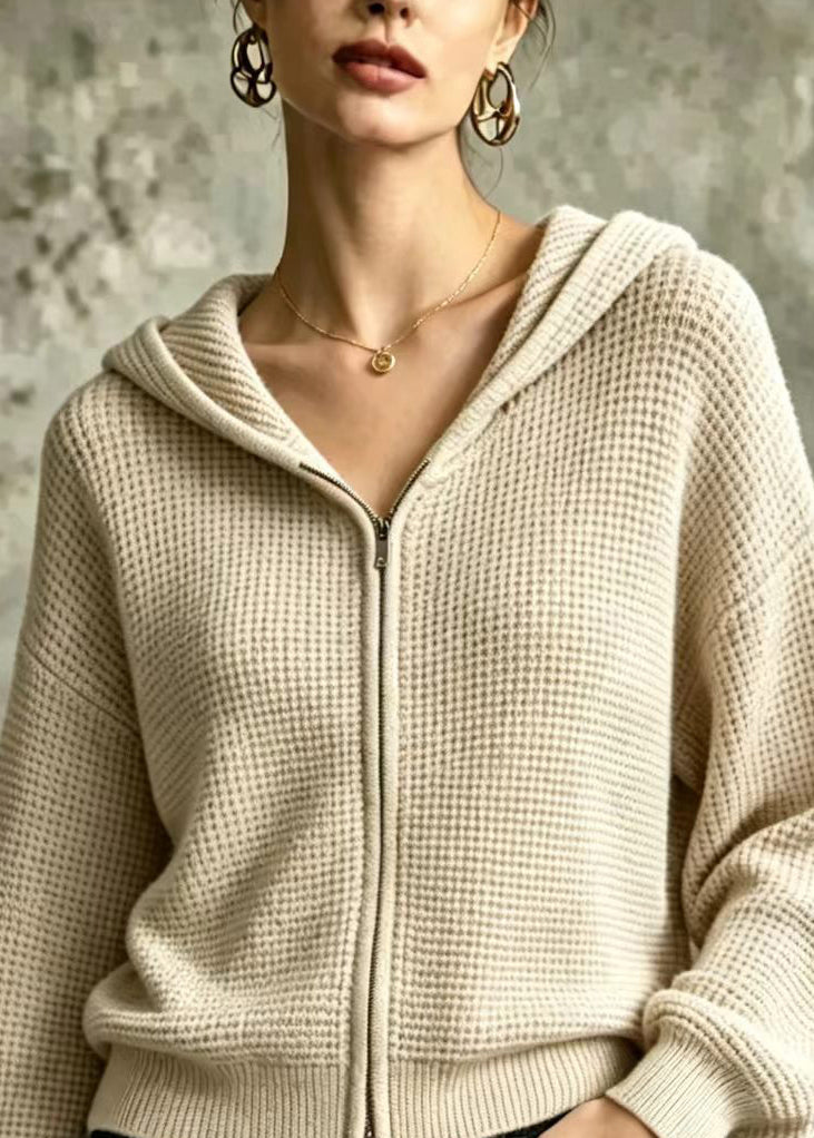 Casual Oatmeal Waffle Hooded Double Zip Knit Cardigans Fall