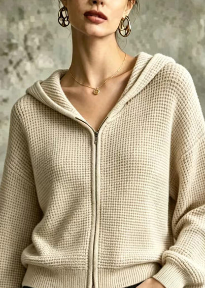 Casual Oatmeal Waffle Hooded Double Zip Knit Cardigans Fall