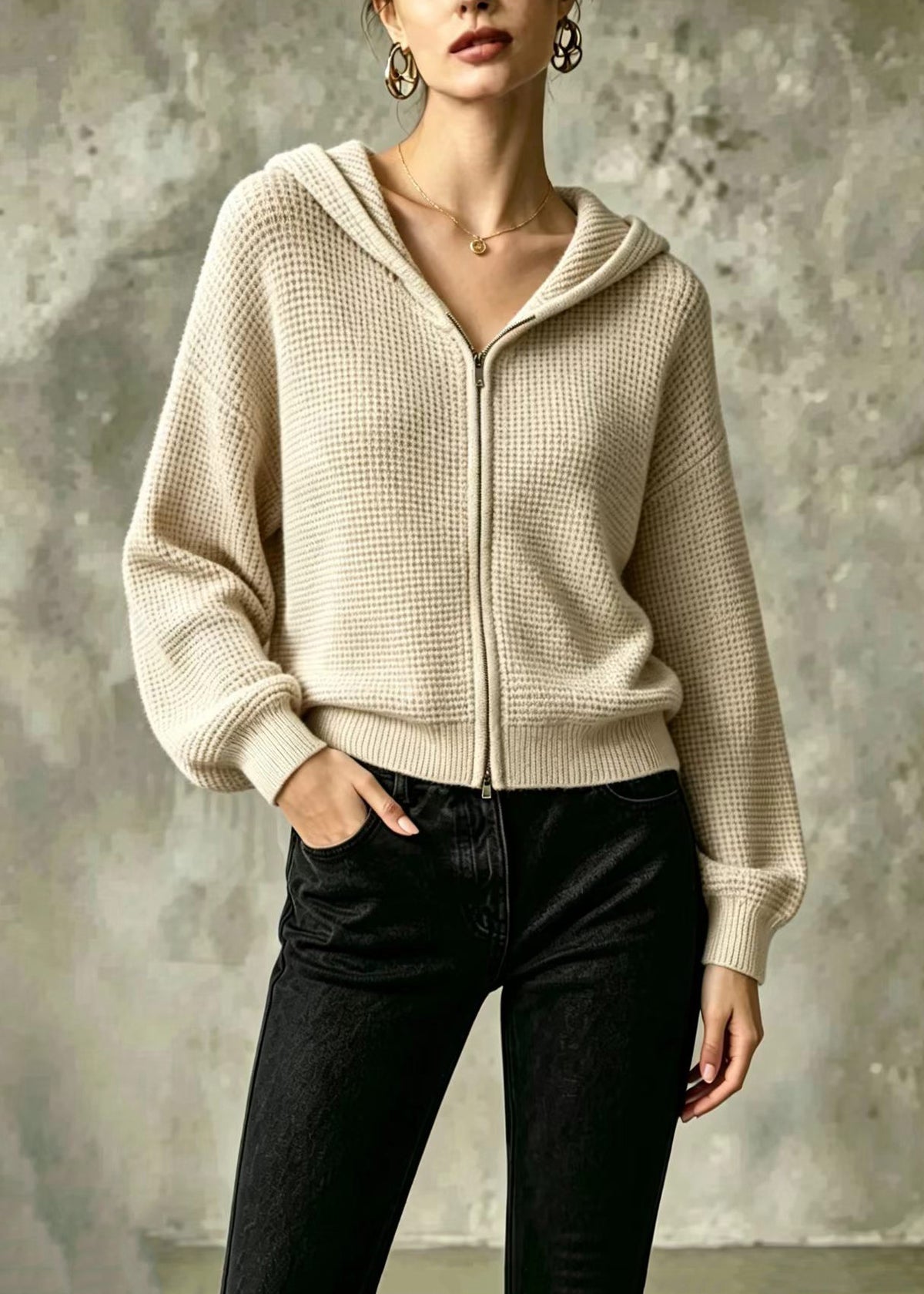 Casual Oatmeal Waffle Hooded Double Zip Knit Cardigans Fall