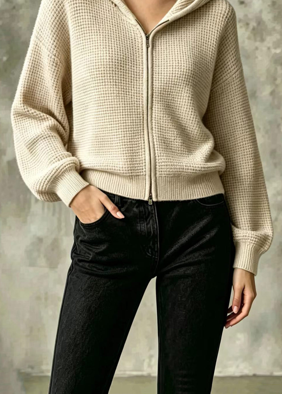 Casual Oatmeal Waffle Hooded Double Zip Knit Cardigans Fall