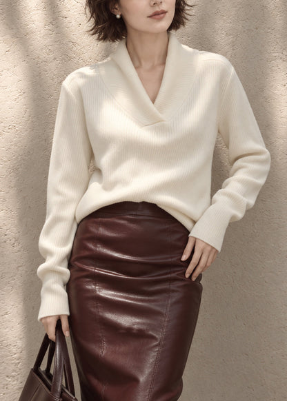 Casual Off White V Neck Knit Sweater Long Sleeve