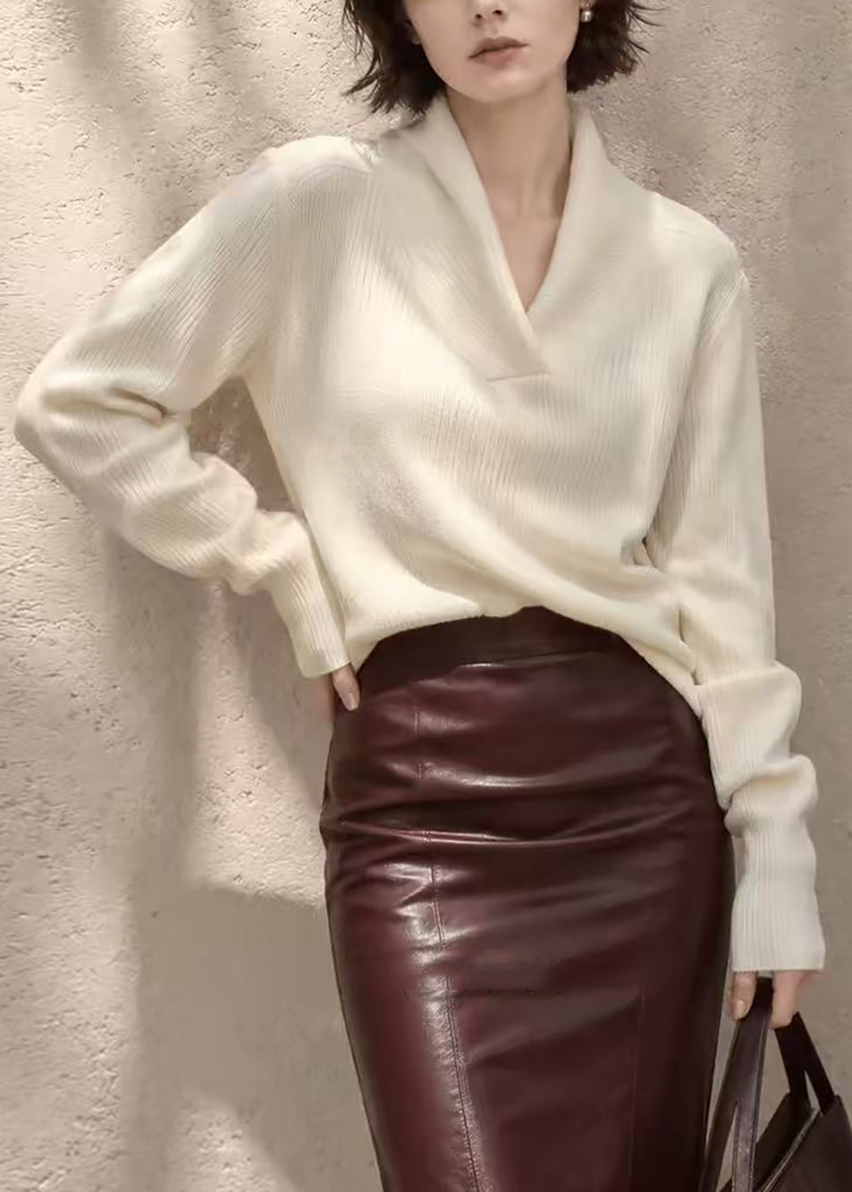 Casual Off White V Neck Knit Sweater Long Sleeve