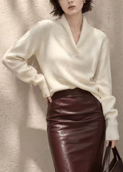 Casual Off White V Neck Knit Sweater Long Sleeve