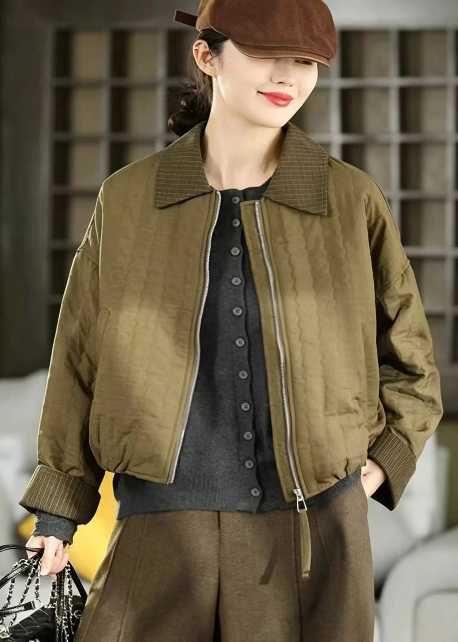Casual Olive Green Turn-Down Collar Quilted Thin Cotton Filled Jacket Winter