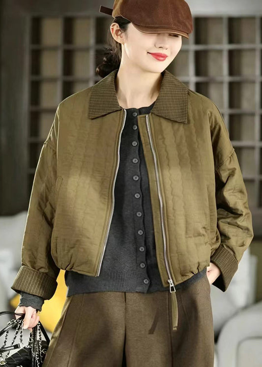 Casual Olive Green Turn-Down Collar Quilted Thin Cotton Filled Jacket Winter