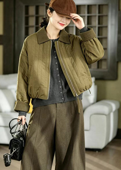 Casual Olive Green Turn-Down Collar Quilted Thin Cotton Filled Jacket Winter