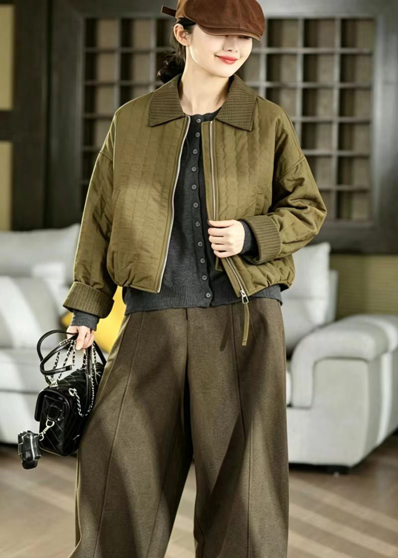 Casual Olive Green Turn-Down Collar Quilted Thin Cotton Filled Jacket Winter