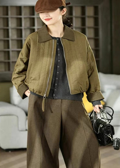Casual Olive Green Turn-Down Collar Quilted Thin Cotton Filled Jacket Winter